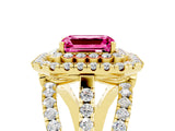 Yellow gold Double Halo Emerald Cut Diamond Split Shank Pave Set Ring_5