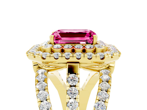 Yellow gold Double Halo Emerald Cut Diamond Split Shank Pave Set Ring_5