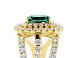 Yellow gold Double Halo Emerald Cut Diamond Split Shank Pave Set Ring_5