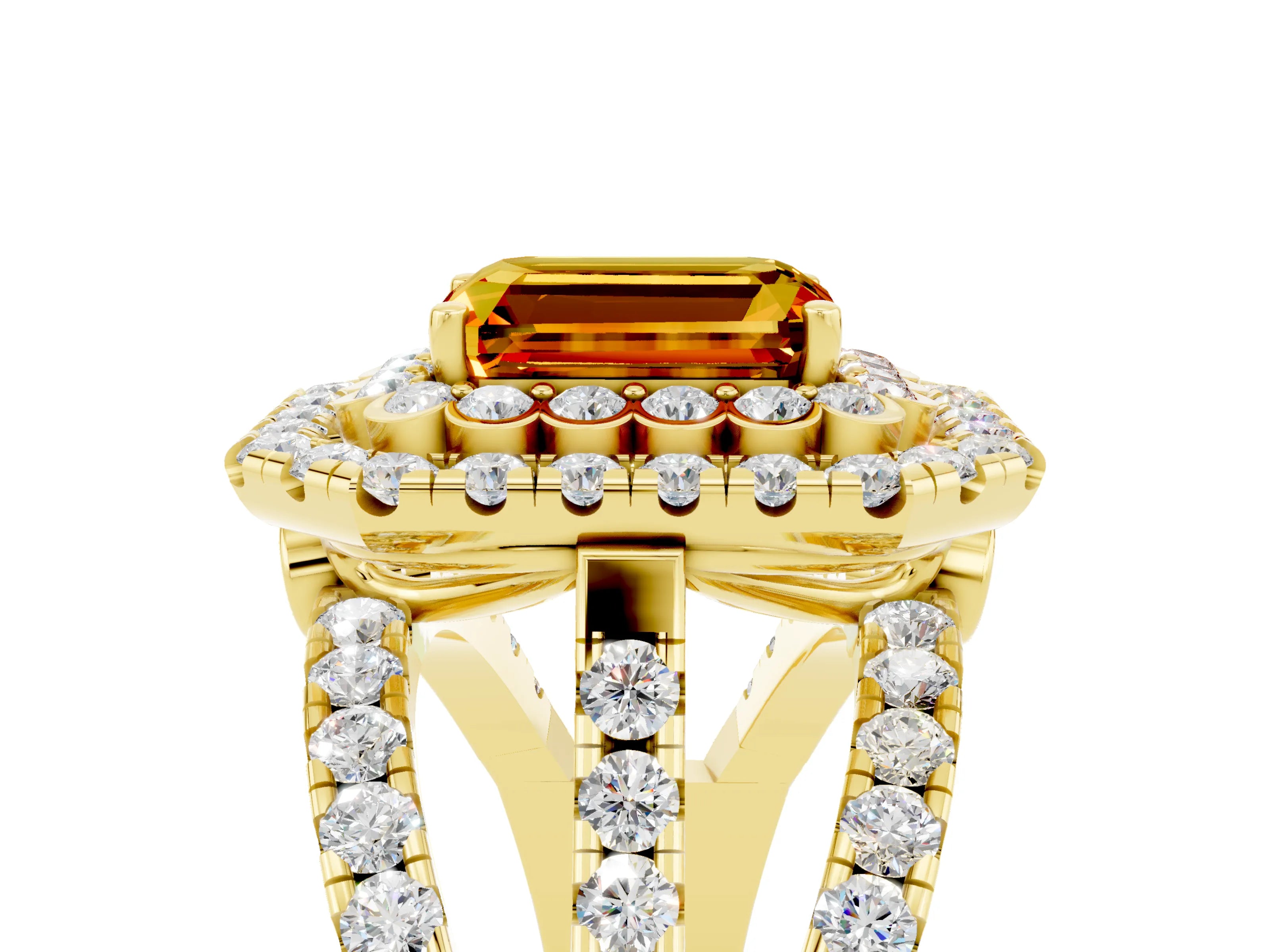 Yellow gold Double Halo Emerald Cut Diamond Split Shank Pave Set Ring_5