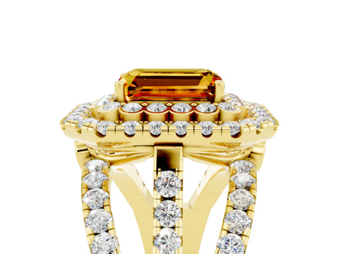 Yellow gold Double Halo Emerald Cut Diamond Split Shank Pave Set Ring_5