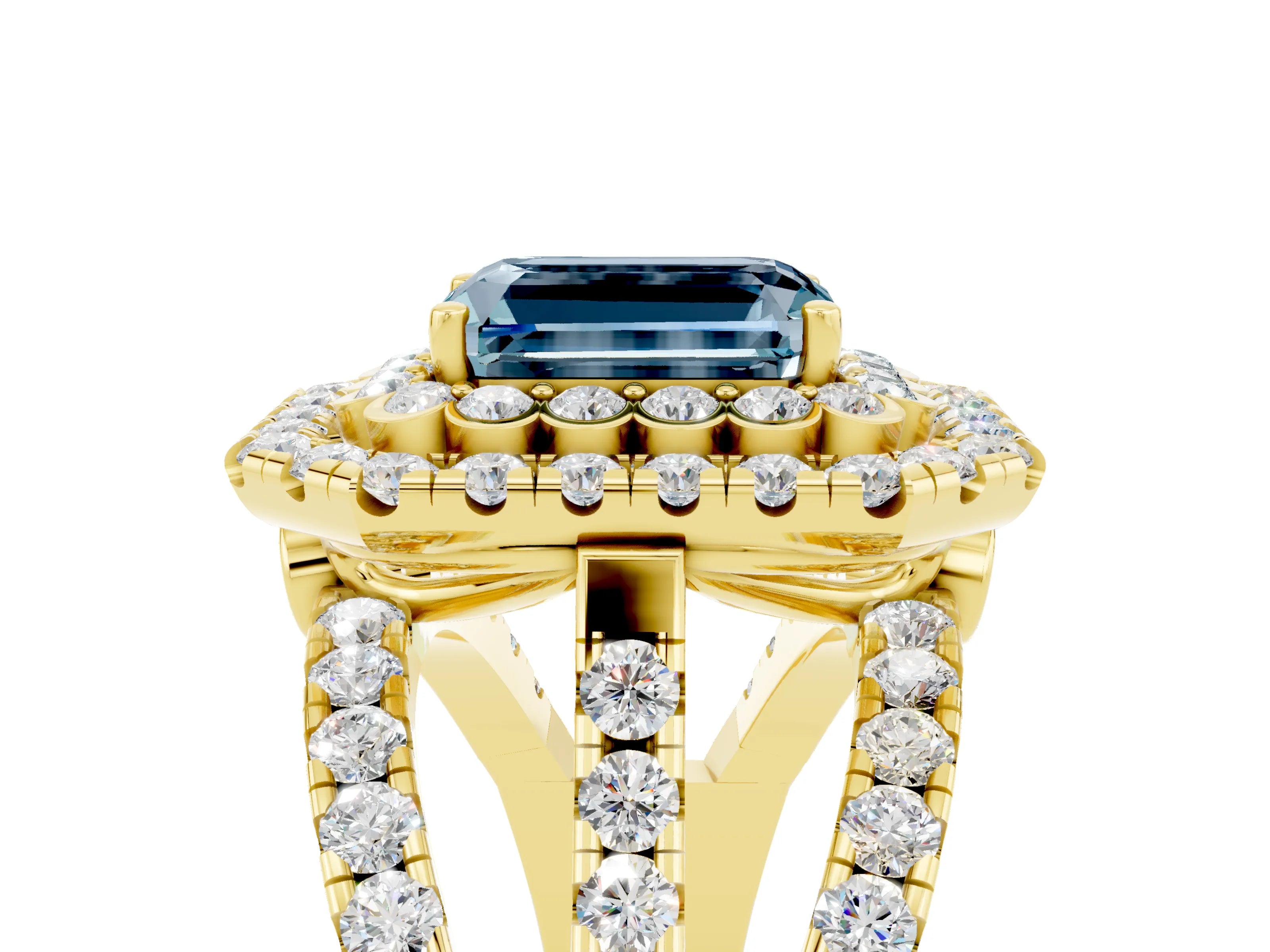 Yellow gold Double Halo Emerald Cut Diamond Split Shank Pave Set Ring_5
