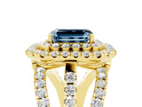 Yellow gold Double Halo Emerald Cut Diamond Split Shank Pave Set Ring_5