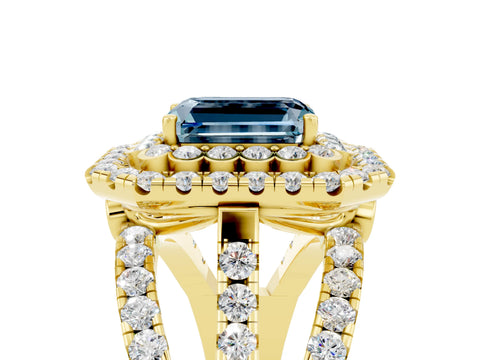 Yellow gold Double Halo Emerald Cut Diamond Split Shank Pave Set Ring_5