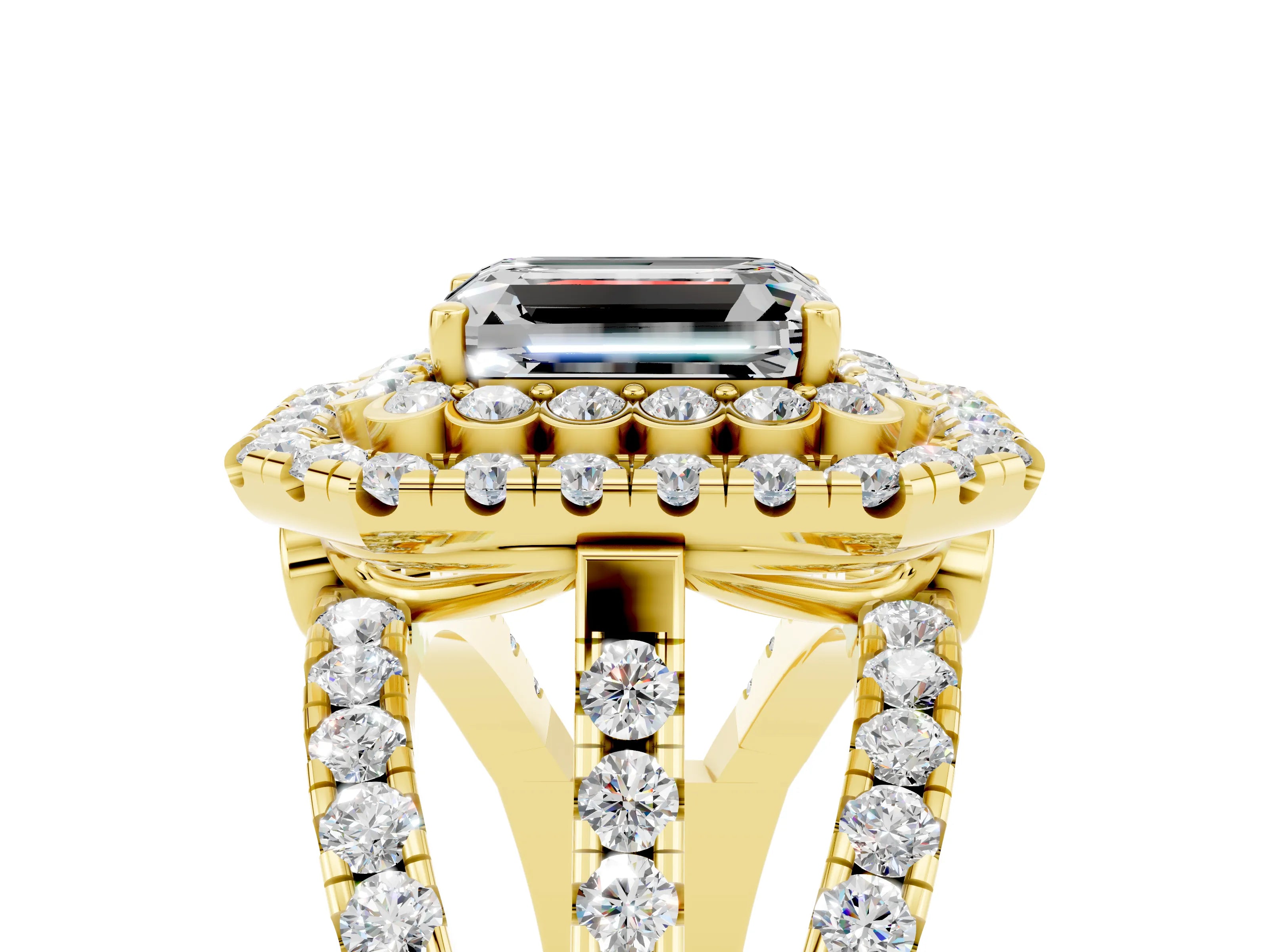 Yellow gold Double Halo Emerald Cut Diamond Split Shank Pave Set Ring_5