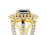 Yellow gold Double Halo Emerald Cut Diamond Split Shank Pave Set Ring_5