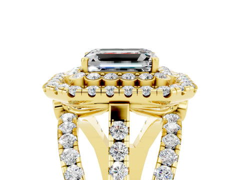 Yellow gold Double Halo Emerald Cut Diamond Split Shank Pave Set Ring_5