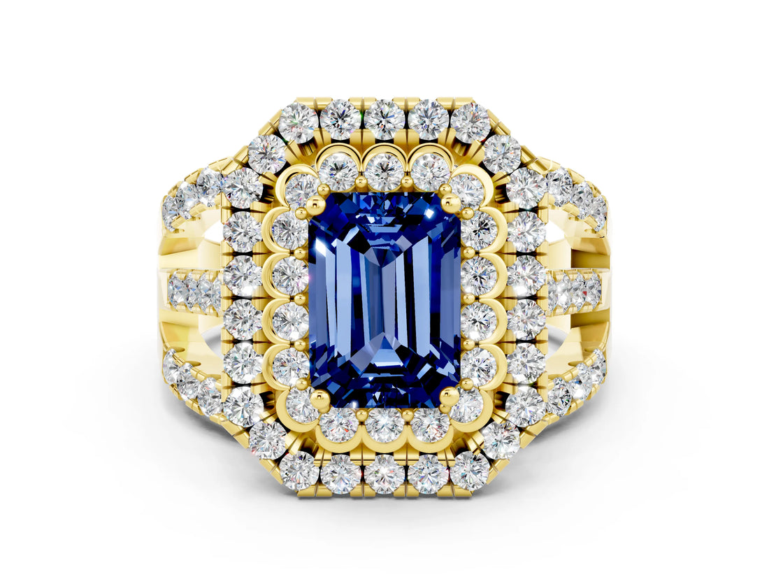 Yellow gold Double Halo Emerald Cut Diamond Split Shank Pave Set Ring