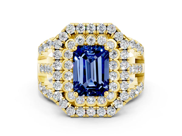 Yellow gold Double Halo Emerald Cut Diamond Split Shank Pave Set Ring