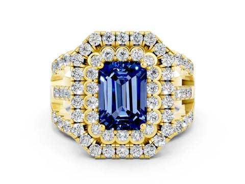 Yellow gold Double Halo Emerald Cut Diamond Split Shank Pave Set Ring