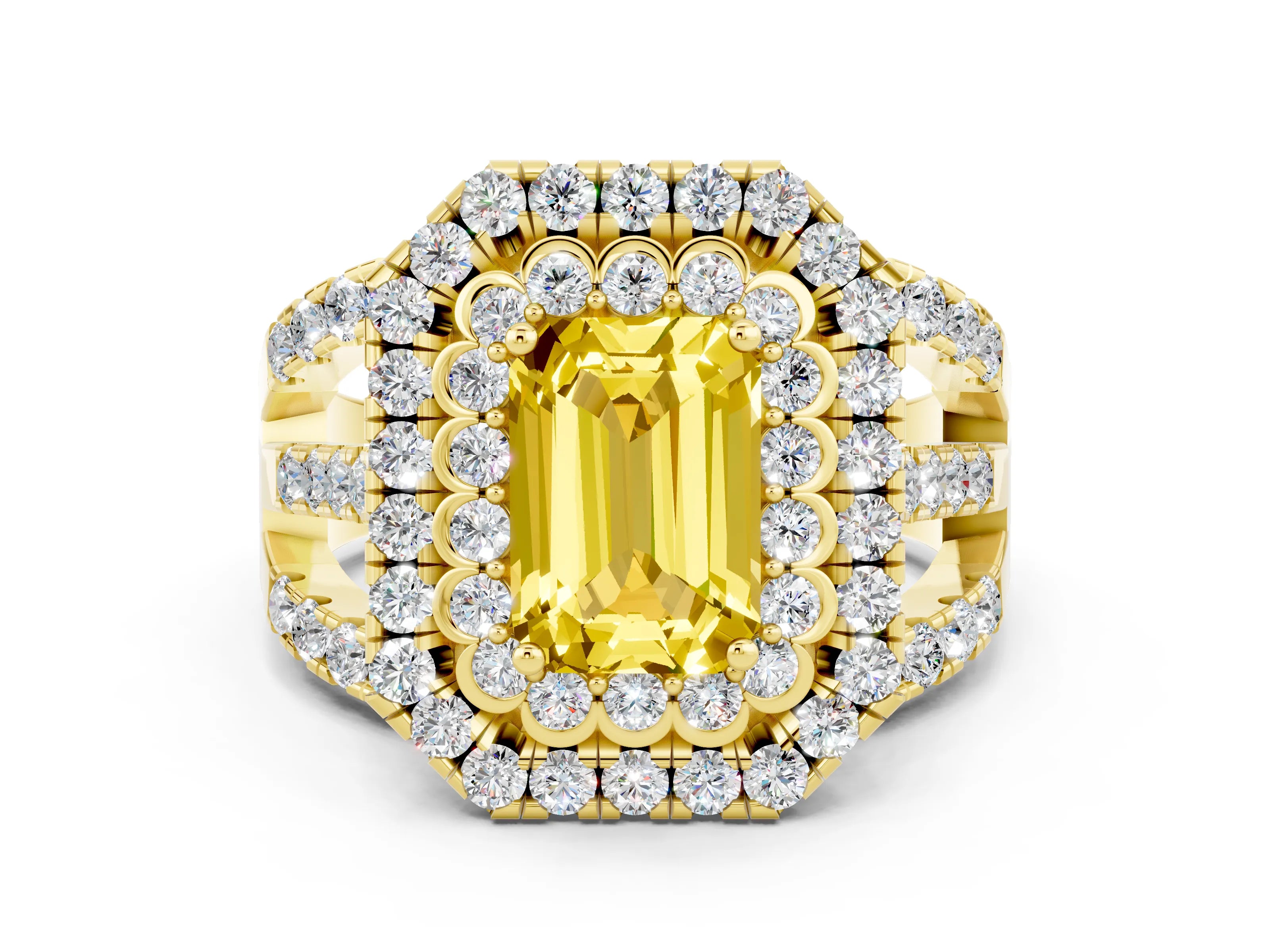 Yellow gold Double Halo Emerald Cut Diamond Split Shank Pave Set Ring