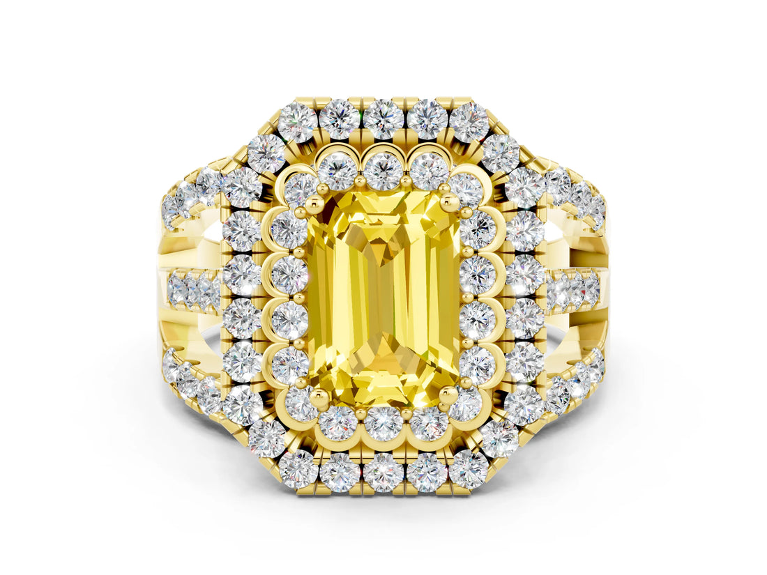 Yellow gold Double Halo Emerald Cut Diamond Split Shank Pave Set Ring