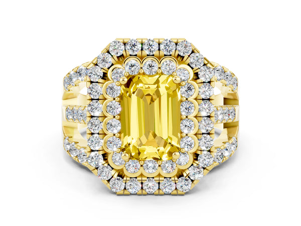Yellow gold Emerald Cut Yellow Sapphire Double Halo Ring with Round Pavé Split Shank and Prong Setting