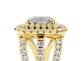 Yellow gold Double Halo Emerald Cut Diamond Split Shank Pave Set Ring_8