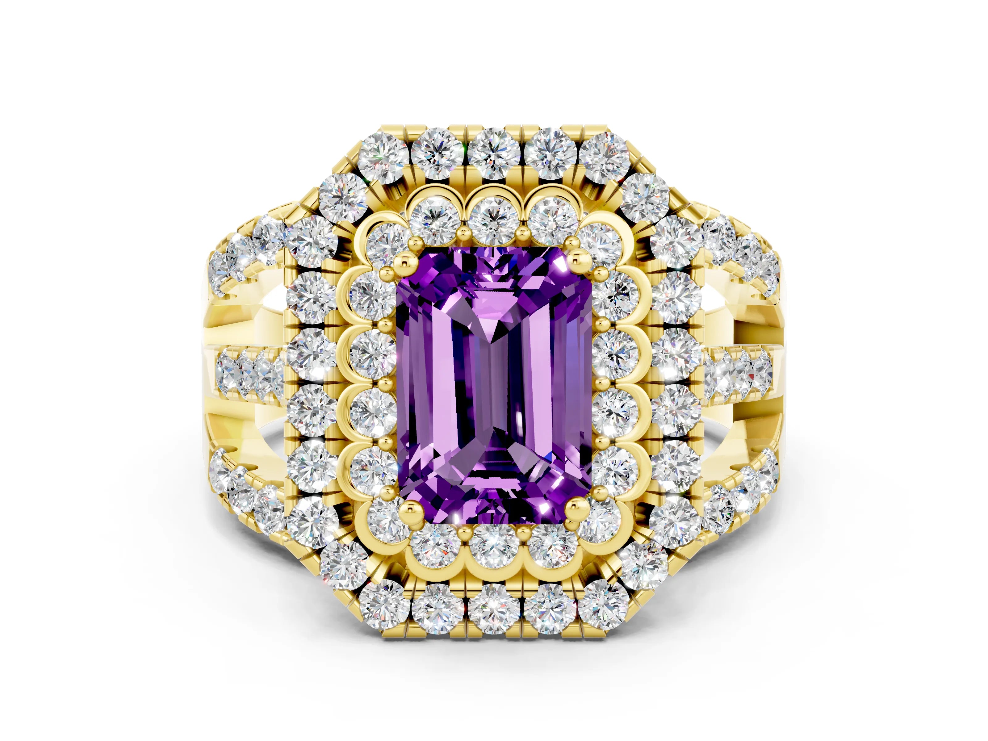 Yellow gold Double Halo Emerald Cut Diamond Split Shank Pave Set Ring