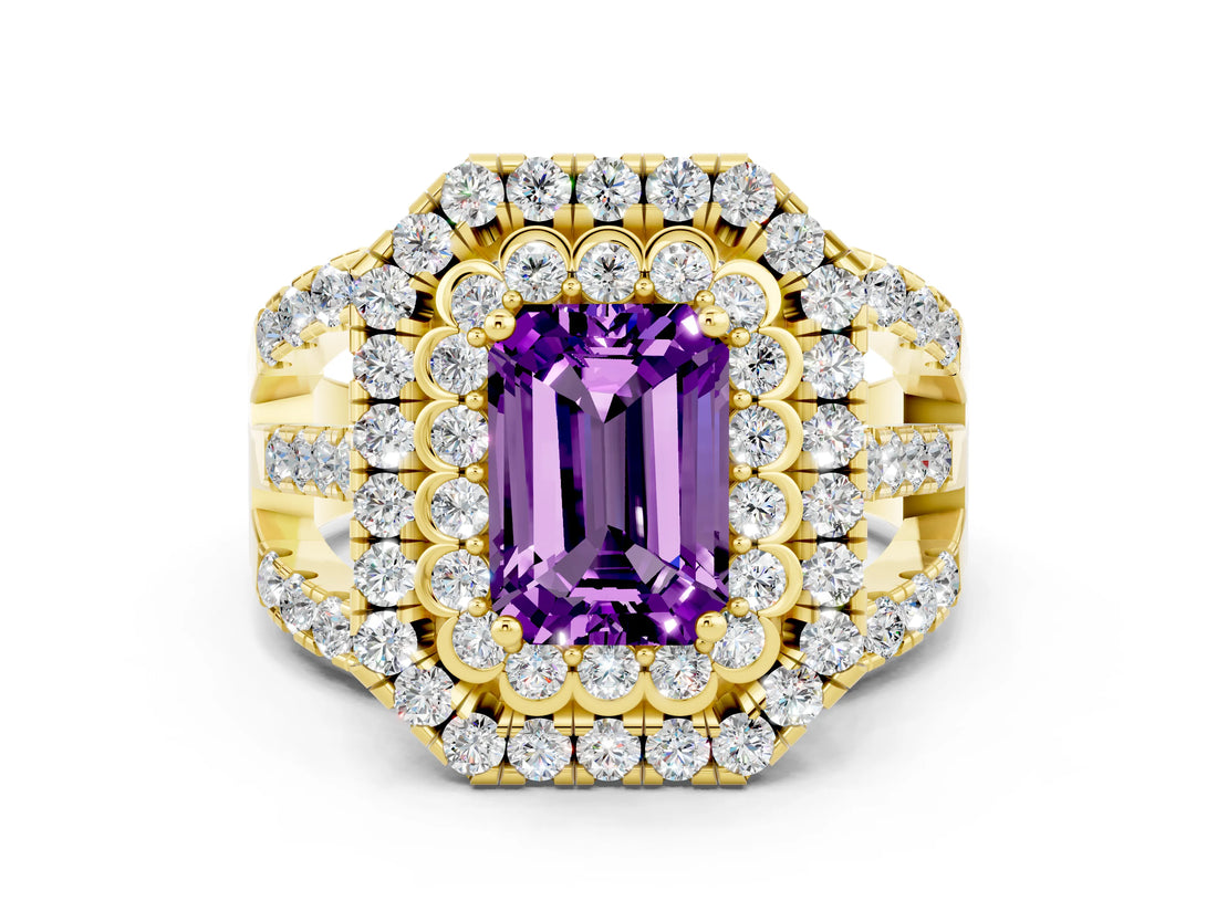 Yellow gold Double Halo Emerald Cut Diamond Split Shank Pave Set Ring
