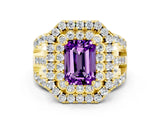 Yellow gold Double Halo Emerald Cut Diamond Split Shank Pave Set Ring