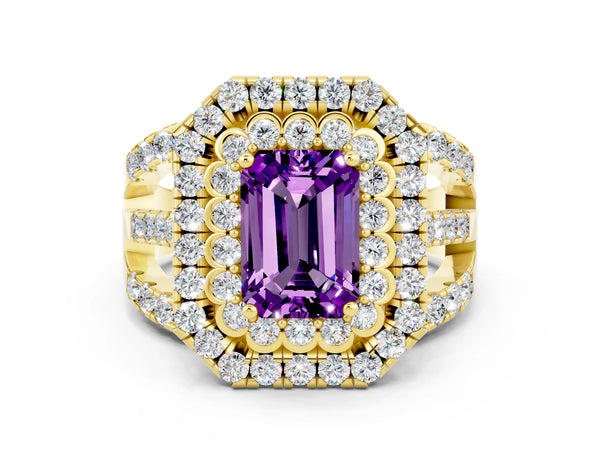 Yellow gold Emerald Cut Amethyst Double Halo Ring with Round Pavé Split Shank and Prong Setting