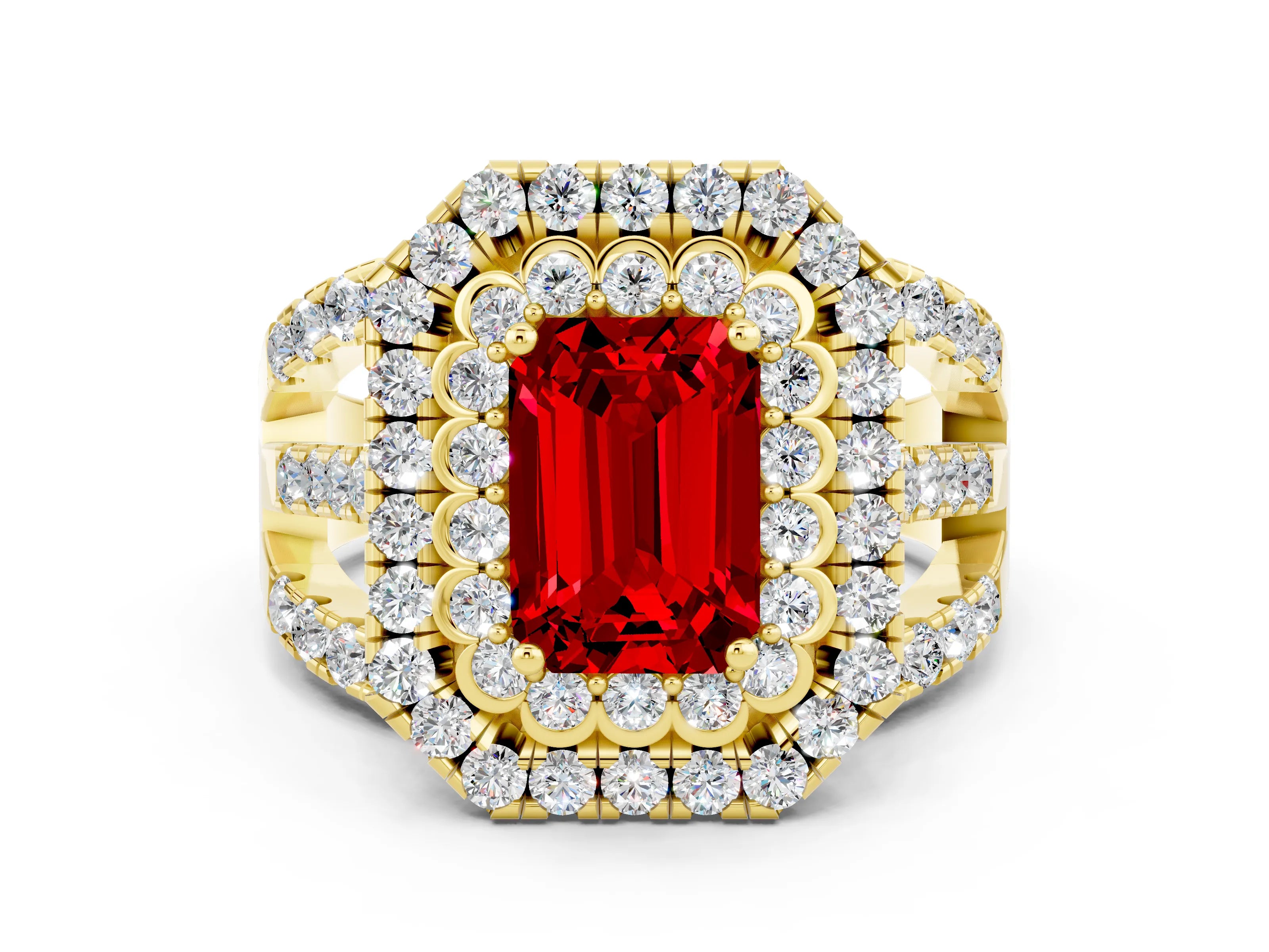 Yellow gold Double Halo Emerald Cut Diamond Split Shank Pave Set Ring