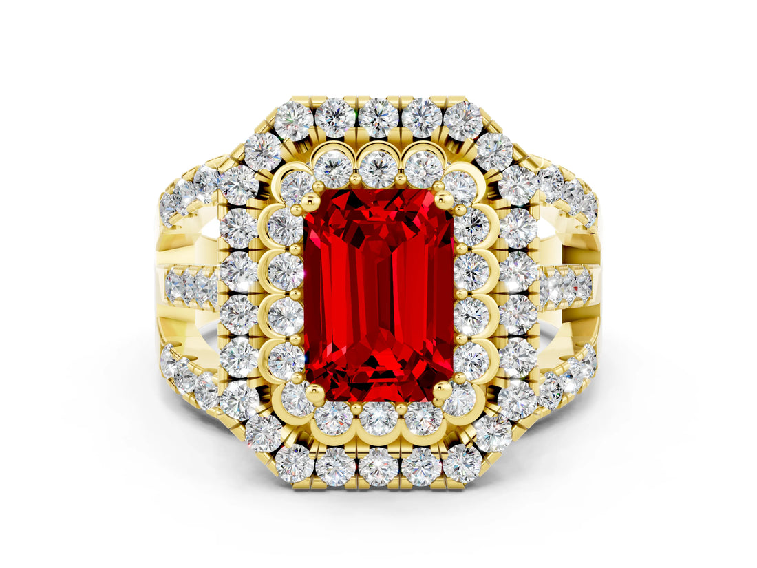 Yellow gold Double Halo Emerald Cut Diamond Split Shank Pave Set Ring