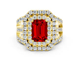 Yellow gold Double Halo Emerald Cut Diamond Split Shank Pave Set Ring