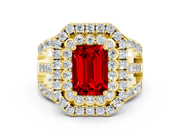 Yellow gold Double Halo Emerald Cut Diamond Split Shank Pave Set Ring