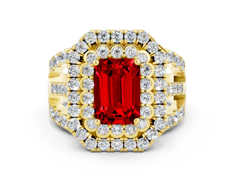 Yellow gold Double Halo Emerald Cut Diamond Split Shank Pave Set Ring
