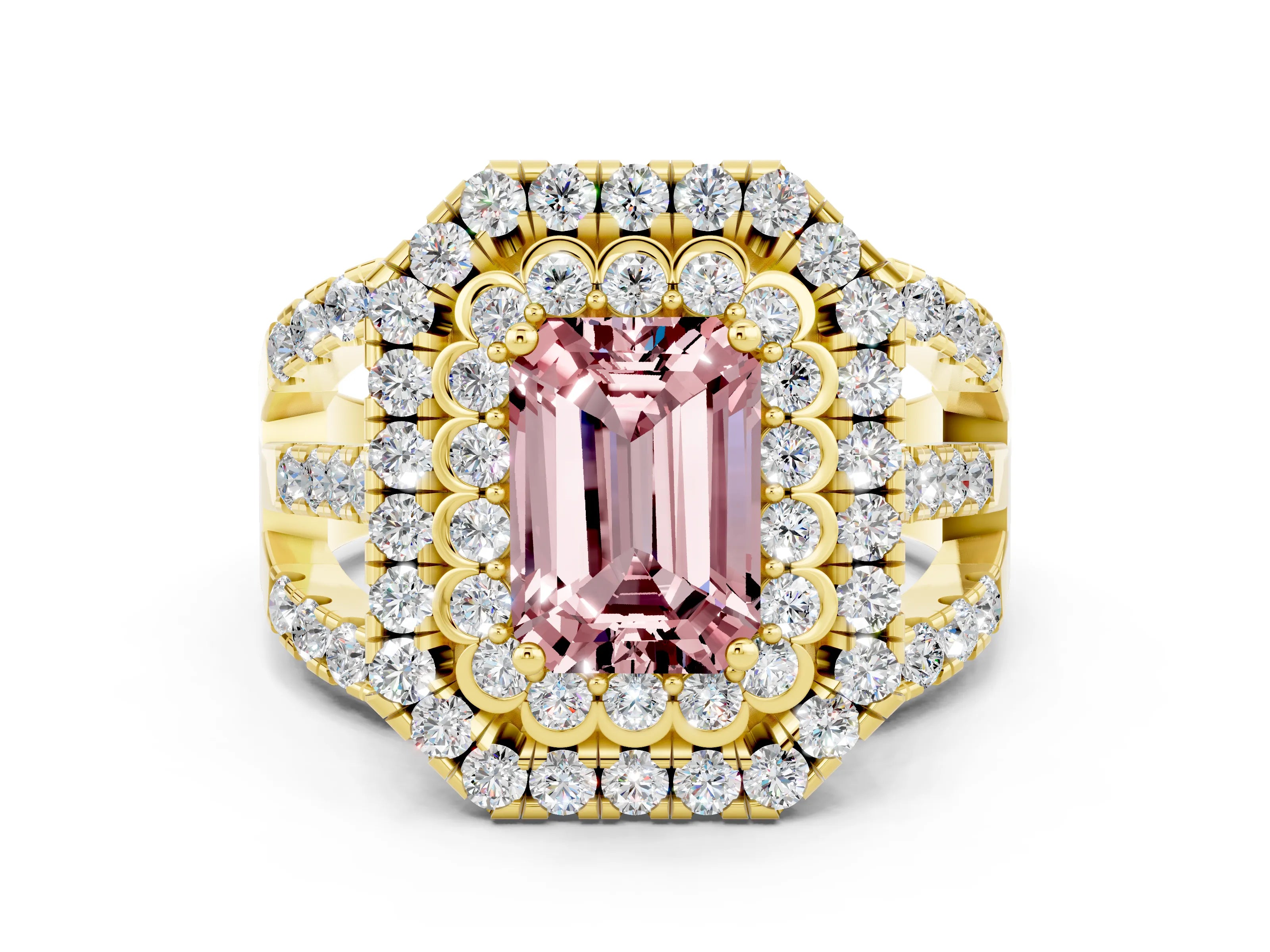 Yellow gold Double Halo Emerald Cut Diamond Split Shank Pave Set Ring