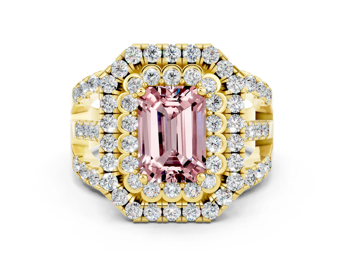 Yellow gold Double Halo Emerald Cut Diamond Split Shank Pave Set Ring