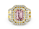 Yellow gold Double Halo Emerald Cut Diamond Split Shank Pave Set Ring