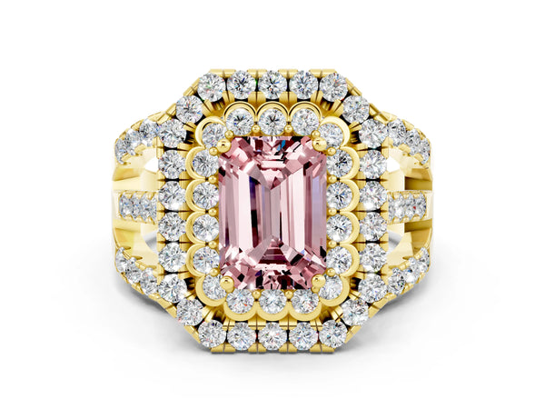 Yellow gold Double Halo Emerald Cut Diamond Split Shank Pave Set Ring