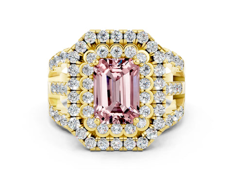 Yellow gold Double Halo Emerald Cut Diamond Split Shank Pave Set Ring