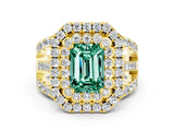 Yellow gold Double Halo Emerald Cut Diamond Split Shank Pave Set Ring
