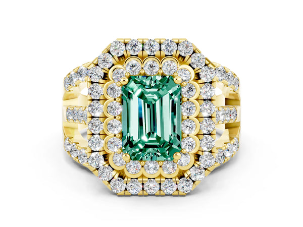 Yellow gold Emerald Cut Green Sapphire Double Halo Ring with Round Pavé Split Shank and Prong Setting
