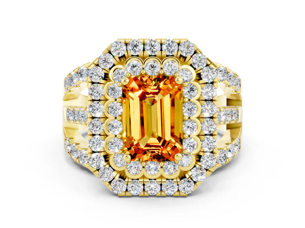 Yellow gold Emerald Cut Citrine Double Halo Ring with Round Pavé Split Shank and Prong Setting