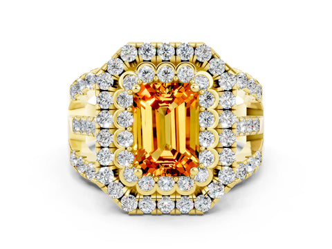 Yellow gold Double Halo Emerald Cut Diamond Split Shank Pave Set Ring
