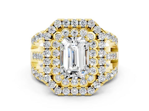 Yellow gold Double Halo Emerald Cut Diamond Split Shank Pave Set Ring