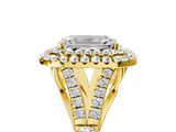 Yellow gold Double Halo Emerald Cut Diamond Split Shank Ring with Four Prong Setting_39