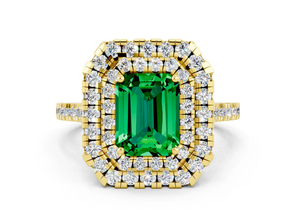 Yellow gold Double Halo Emerald Cut Emerald Pavé Band with Four-Prong Setting