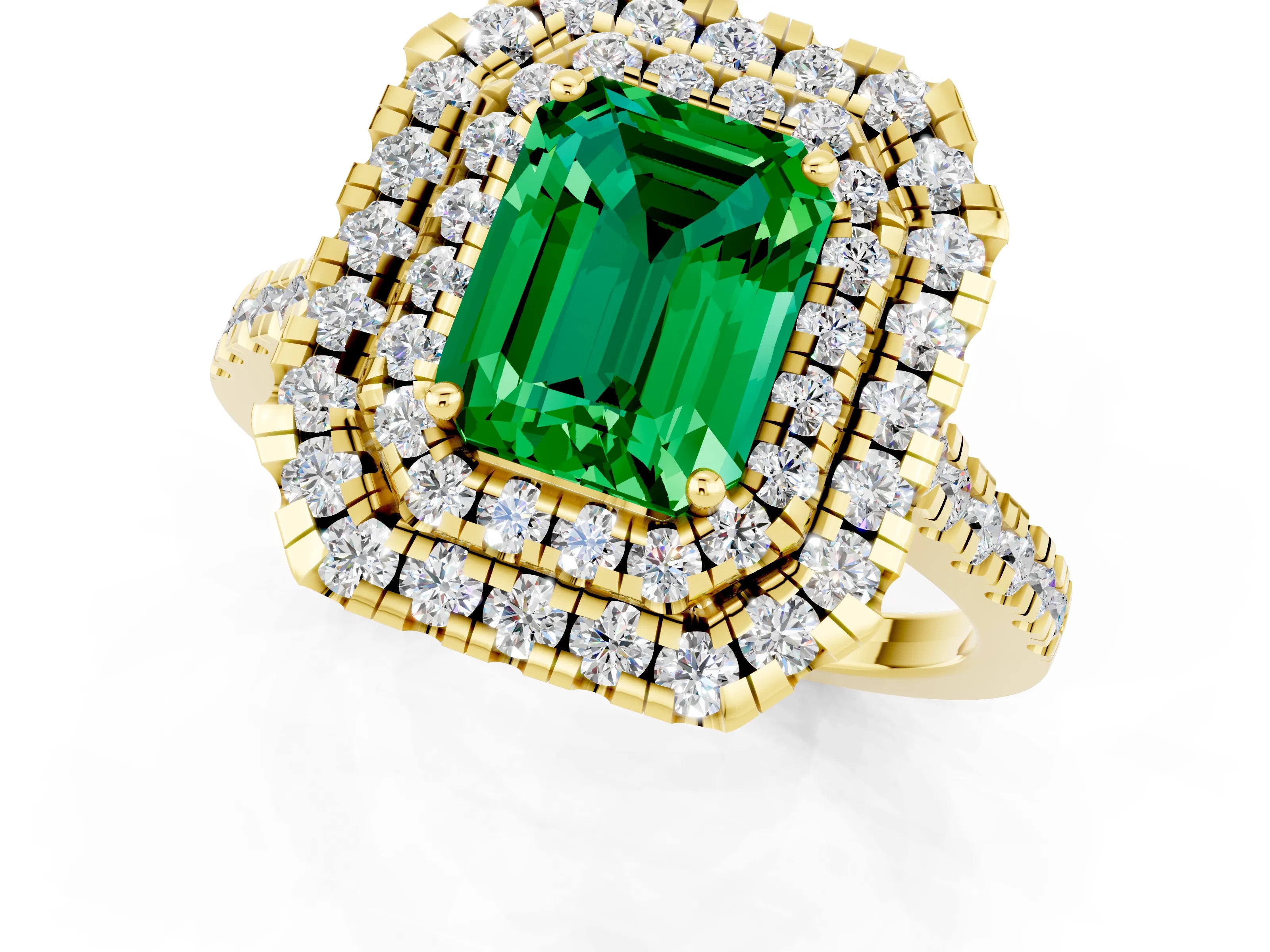 Yellow gold Double Halo Emerald Cut Emerald Pavé Band with Four-Prong Setting_1