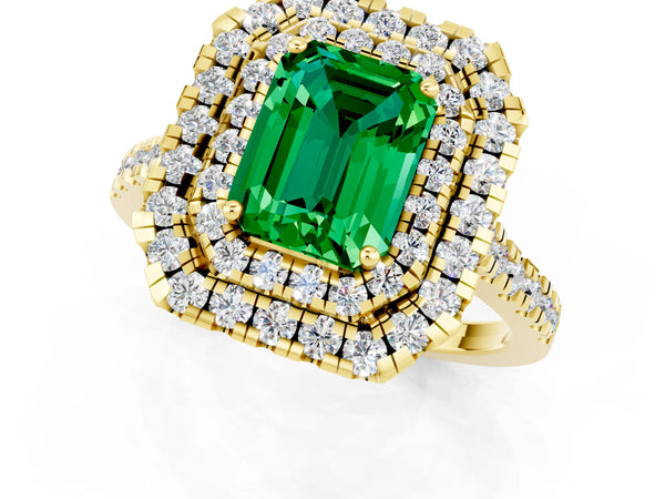 Yellow gold Double Halo Emerald Cut Emerald Pavé Band with Four-Prong Setting