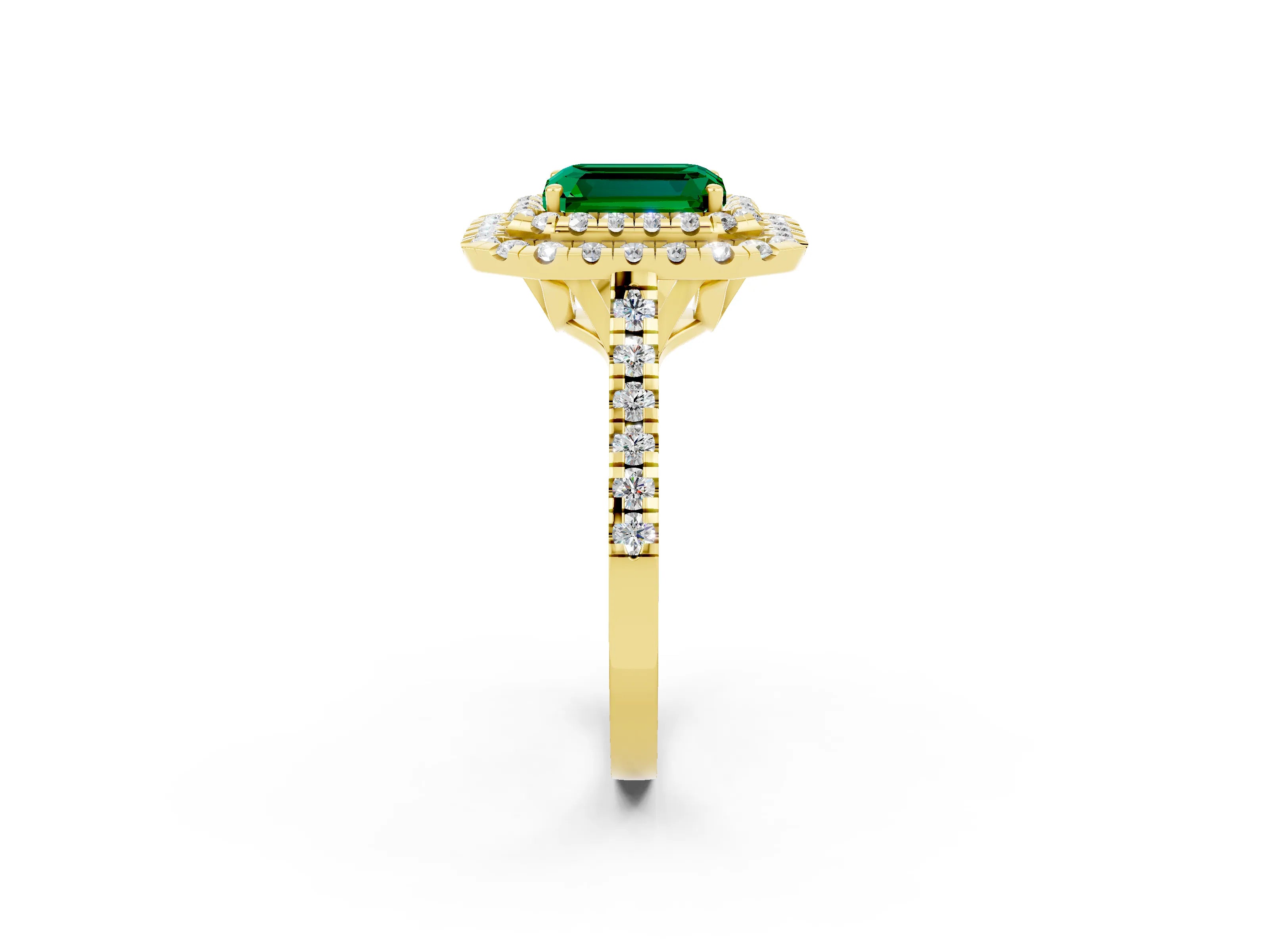 Yellow gold Double Halo Emerald Cut Emerald Pavé Band with Four-Prong Setting_2