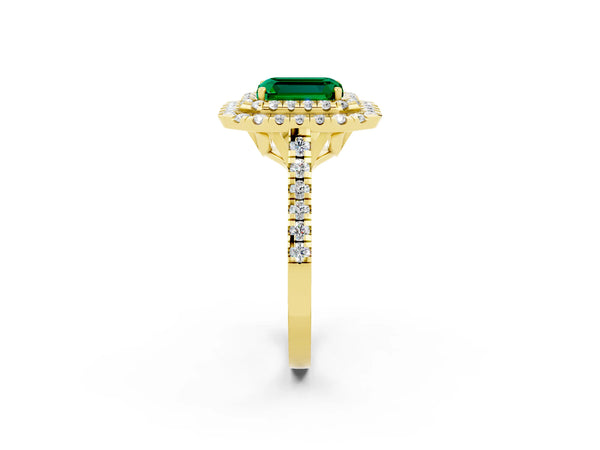 Yellow gold Double Halo Emerald Cut Emerald Pavé Band with Four-Prong Setting