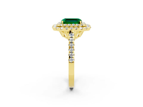 Yellow gold Double Halo Emerald Cut Emerald Pavé Band with Four-Prong Setting_2