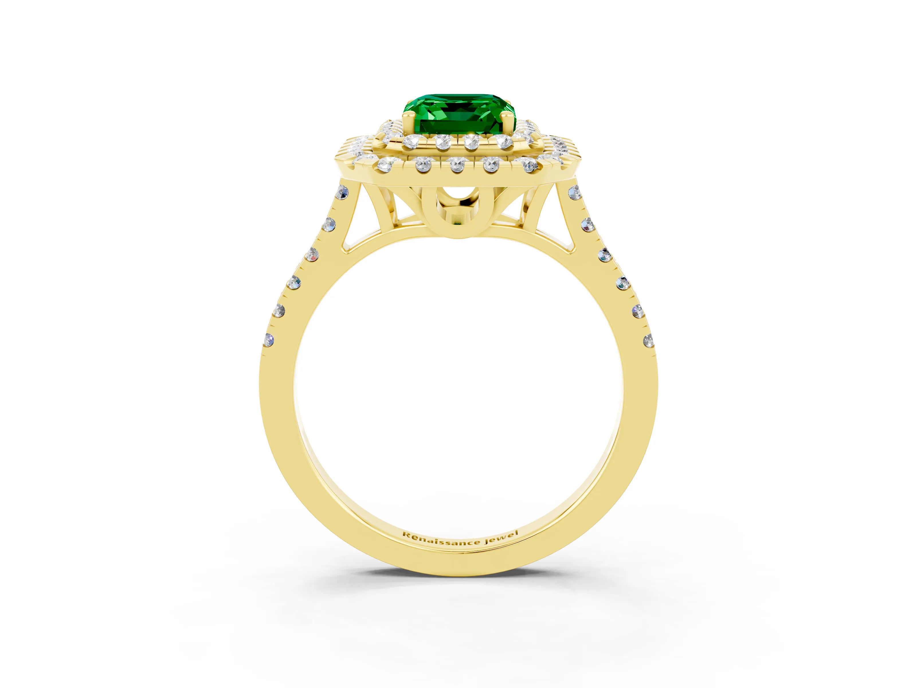 Yellow gold Double Halo Emerald Cut Emerald Pavé Band with Four-Prong Setting_3