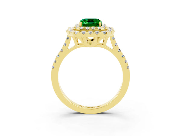 Yellow gold Double Halo Emerald Cut Emerald Pavé Band with Four-Prong Setting