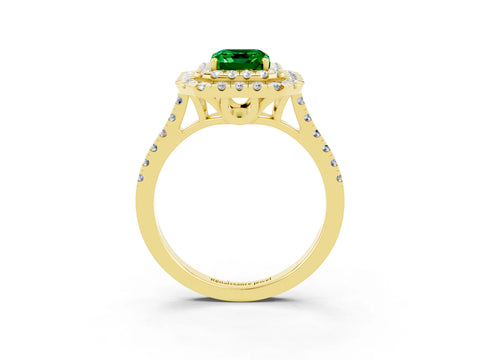 Yellow gold Double Halo Emerald Cut Emerald Pavé Band with Four-Prong Setting_3