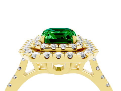 Yellow gold Double Halo Emerald Cut Emerald Pavé Band with Four-Prong Setting_4