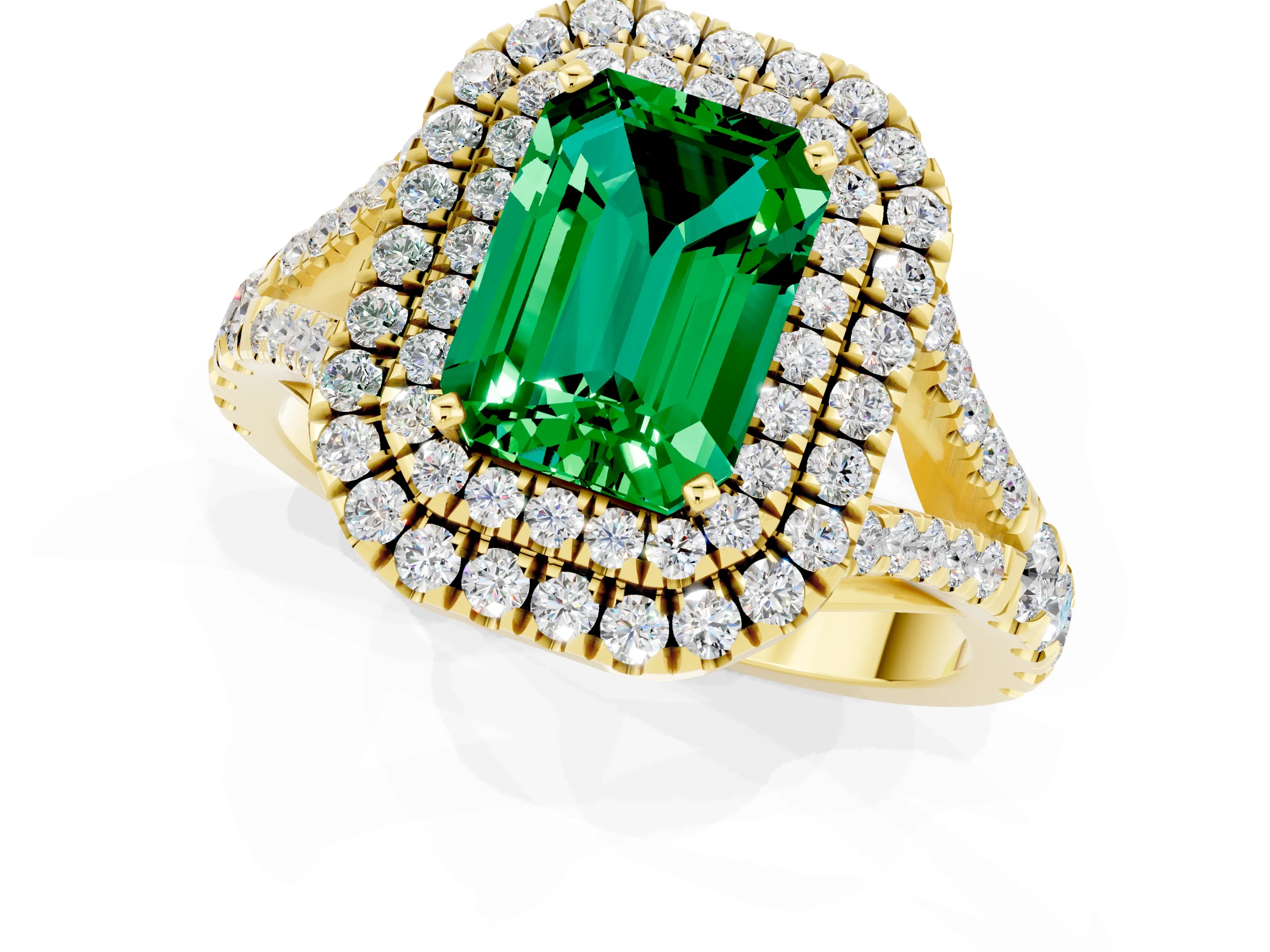 Yellow gold Double Halo Emerald Cut Emerald Pavé Split Shank Ring with Prong Setting_1