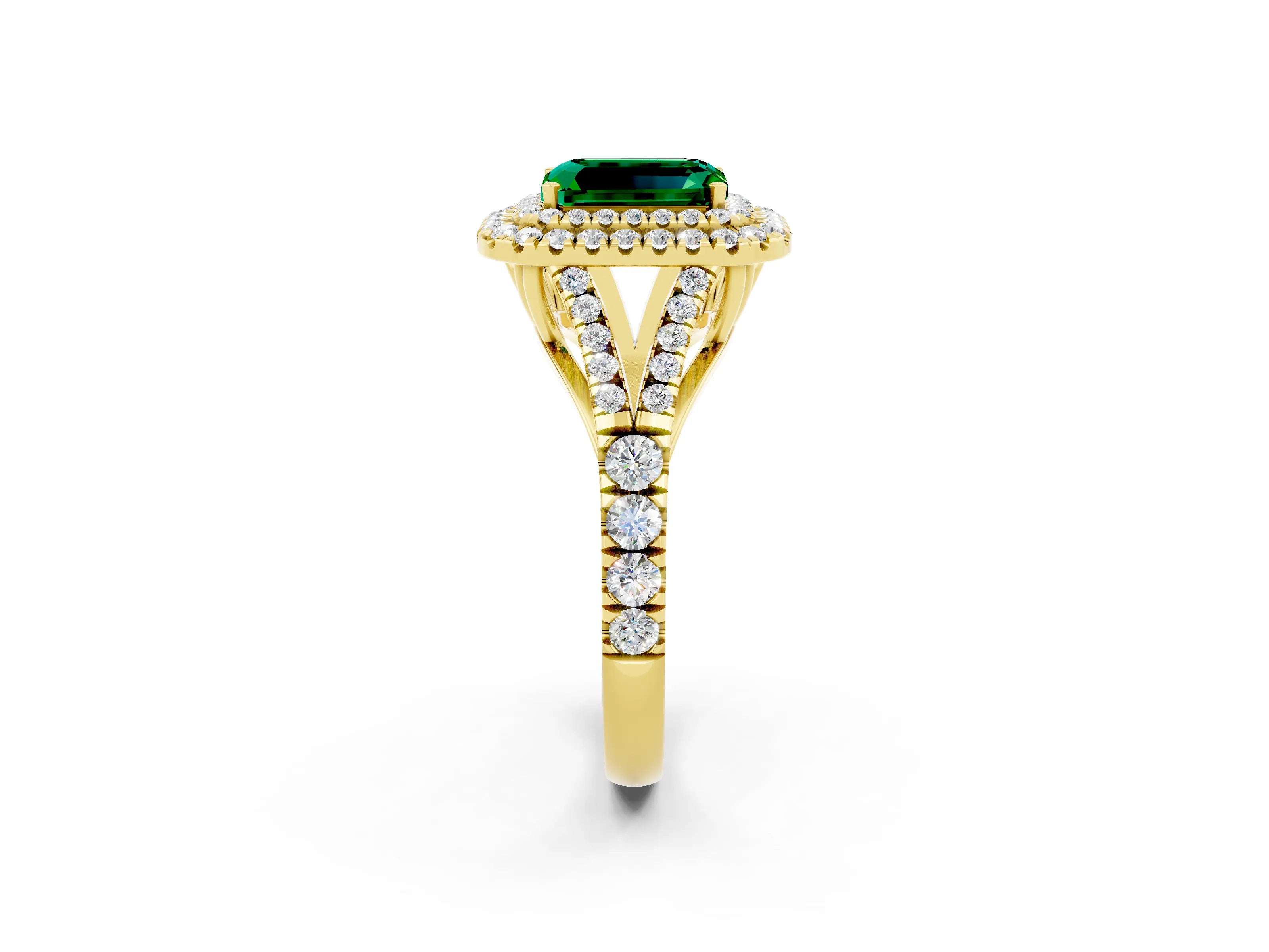 Yellow gold Double Halo Emerald Cut Emerald Pavé Split Shank Ring with Prong Setting_2